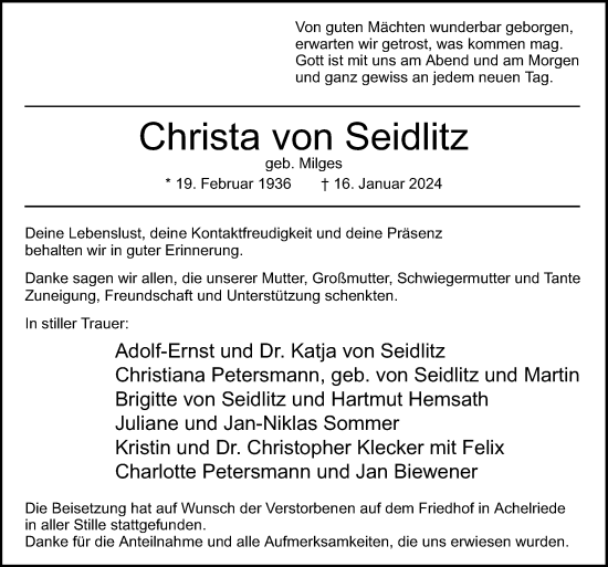 Traueranzeige von Christa von Seidlitz von Neue Osnabrücker Zeitung GmbH & Co. KG