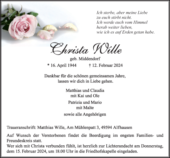 Traueranzeige von Christa Wille von Neue Osnabrücker Zeitung GmbH & Co. KG