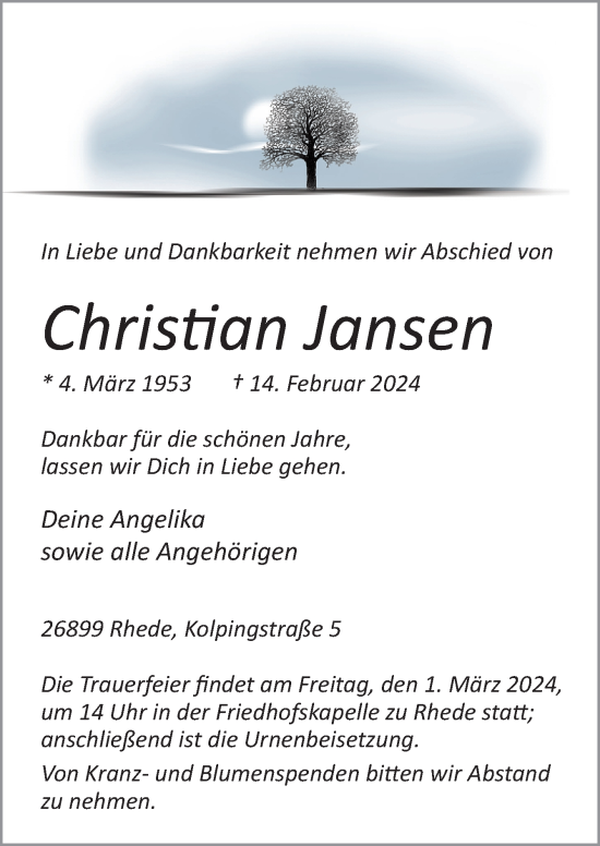 Traueranzeige von Christian Jansen von Neue Osnabrücker Zeitung GmbH & Co. KG