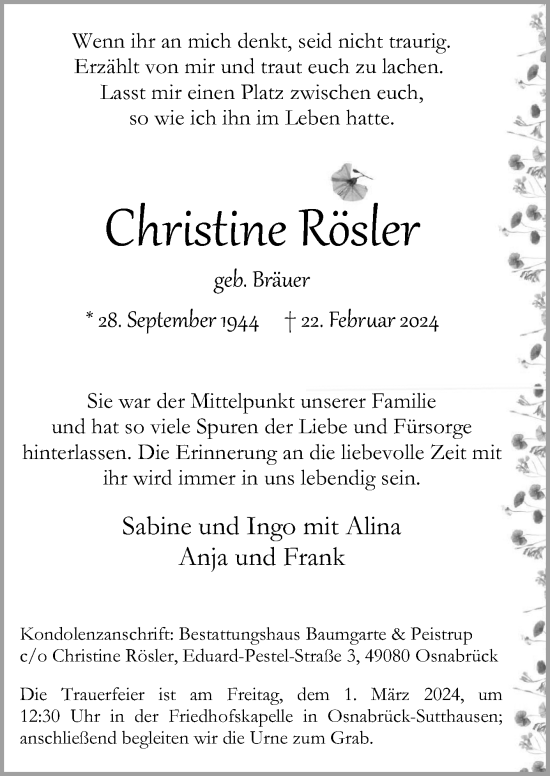 Traueranzeige von Christine Rösler von Neue Osnabrücker Zeitung GmbH & Co. KG