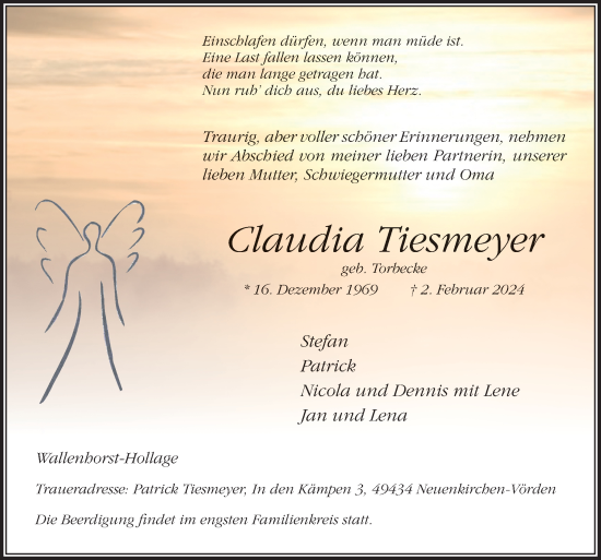 Traueranzeige von Claudia Tiesmeyer von Neue Osnabrücker Zeitung GmbH & Co. KG
