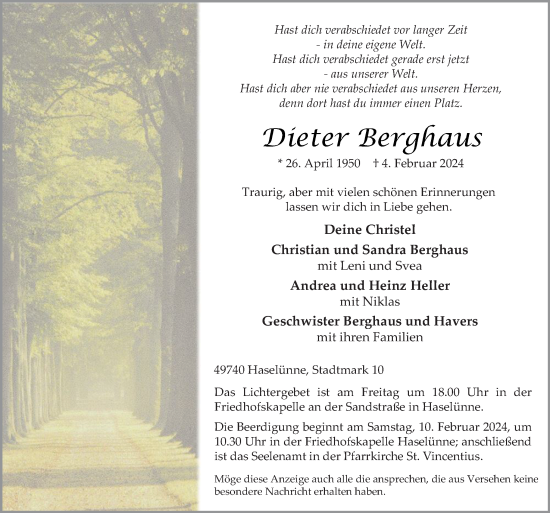 Traueranzeige von Dieter Berghaus von Neue Osnabrücker Zeitung GmbH & Co. KG