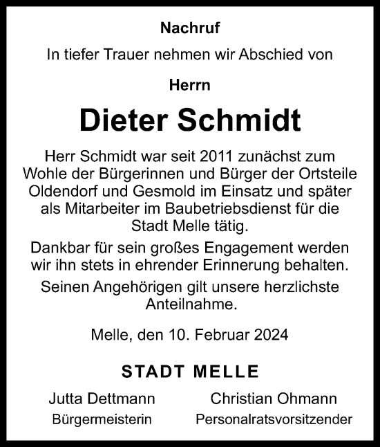 Traueranzeige von Dieter Schmidt von Neue Osnabrücker Zeitung GmbH & Co. KG