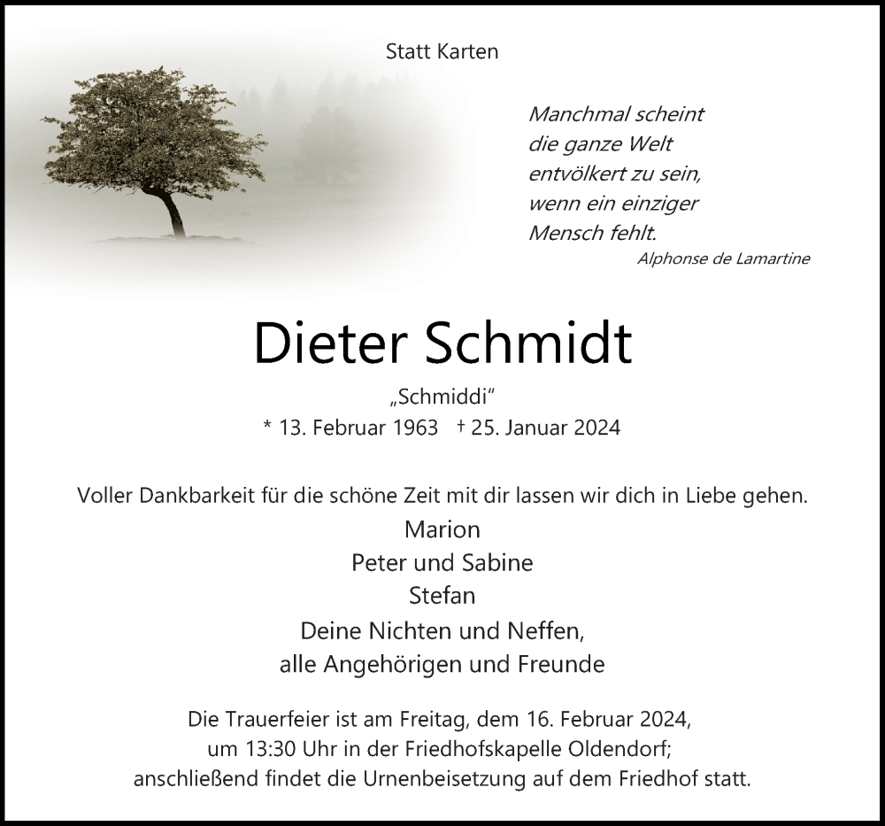  Traueranzeige für Dieter Schmidt vom 03.02.2024 aus Neue Osnabrücker Zeitung GmbH & Co. KG