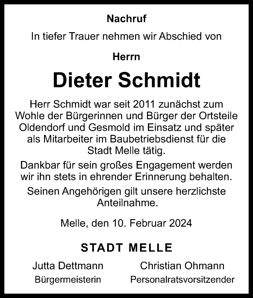  Traueranzeige für Dieter Schmidt vom 10.02.2024 aus Neue Osnabrücker Zeitung GmbH & Co. KG