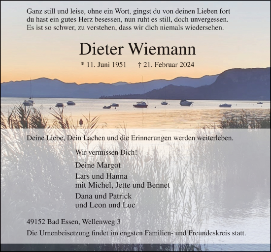 Traueranzeige von Dieter Wiemann von Neue Osnabrücker Zeitung GmbH & Co. KG