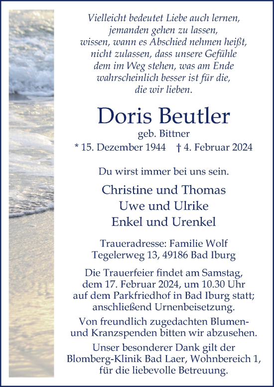 Traueranzeige von Doris Beutler von Neue Osnabrücker Zeitung GmbH & Co. KG