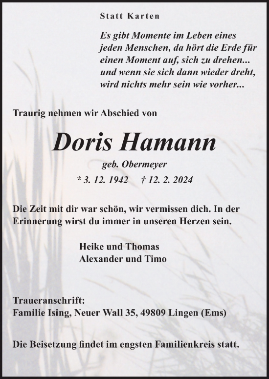 Traueranzeige von Doris Hamann von Neue Osnabrücker Zeitung GmbH & Co. KG