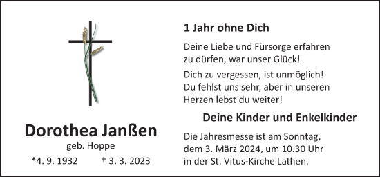 Traueranzeige von Dorothea Janßen von Neue Osnabrücker Zeitung GmbH & Co. KG