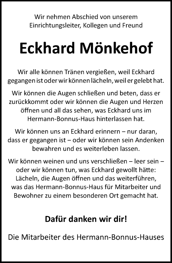 Traueranzeige von Eckhard Mönkehof von Neue Osnabrücker Zeitung GmbH & Co. KG