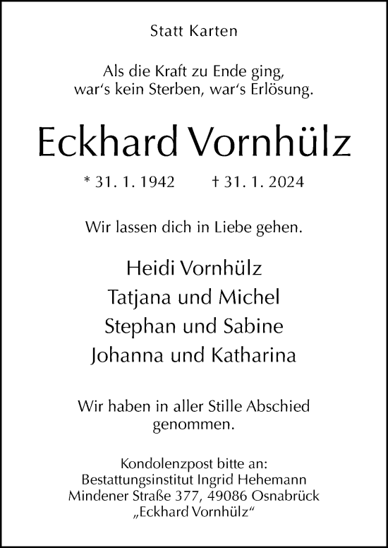 Traueranzeige von Eckhard Vornhülz von Neue Osnabrücker Zeitung GmbH & Co. KG