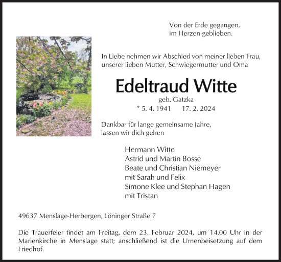 Traueranzeige von Edeltraud Witte von Neue Osnabrücker Zeitung GmbH & Co. KG