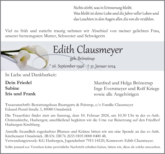 Traueranzeige von Edith Causmeyer von Neue Osnabrücker Zeitung GmbH & Co. KG
