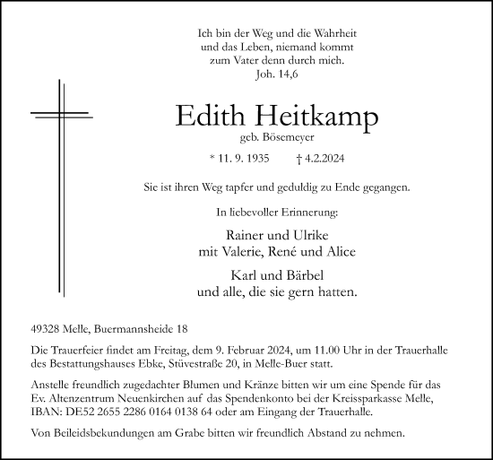 Traueranzeige von Edith Heitkamp von Neue Osnabrücker Zeitung GmbH & Co. KG