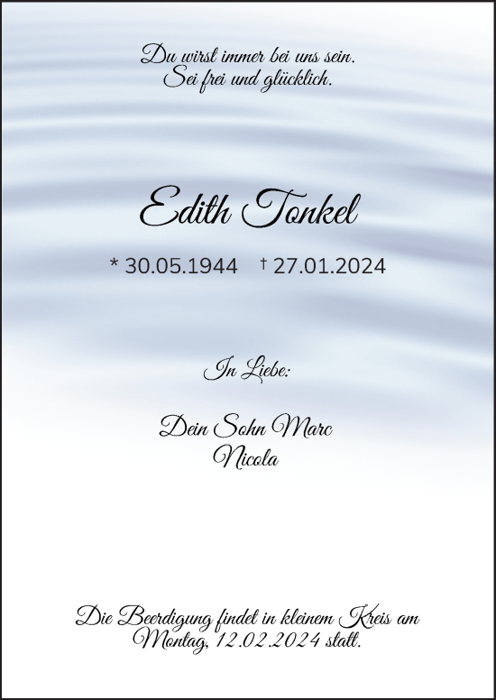 Traueranzeige von Edith Tonkel von Neue Osnabrücker Zeitung GmbH & Co. KG