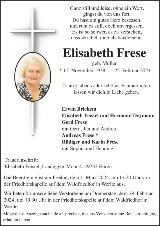 Traueranzeige von Elisabeth Frese von Neue Osnabrücker Zeitung GmbH & Co. KG