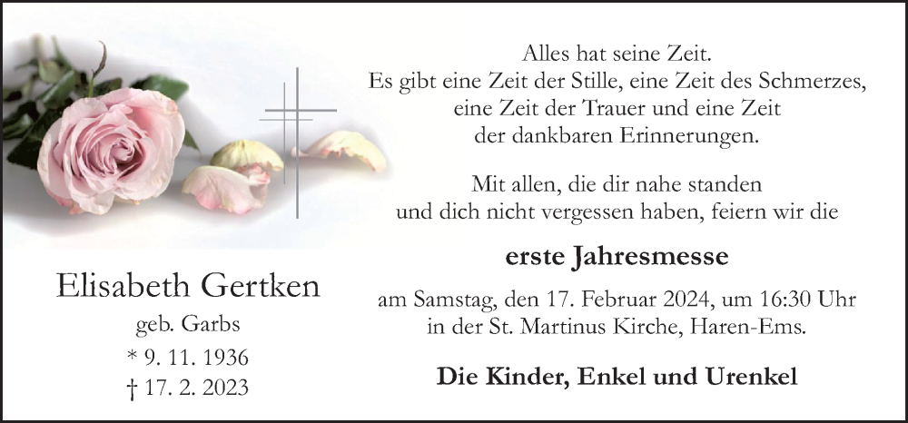  Traueranzeige für Elisabeth Gertken vom 12.02.2024 aus Neue Osnabrücker Zeitung GmbH & Co. KG