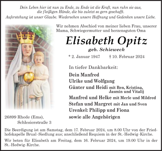 Traueranzeige von Elisabeth Opitz von Neue Osnabrücker Zeitung GmbH & Co. KG