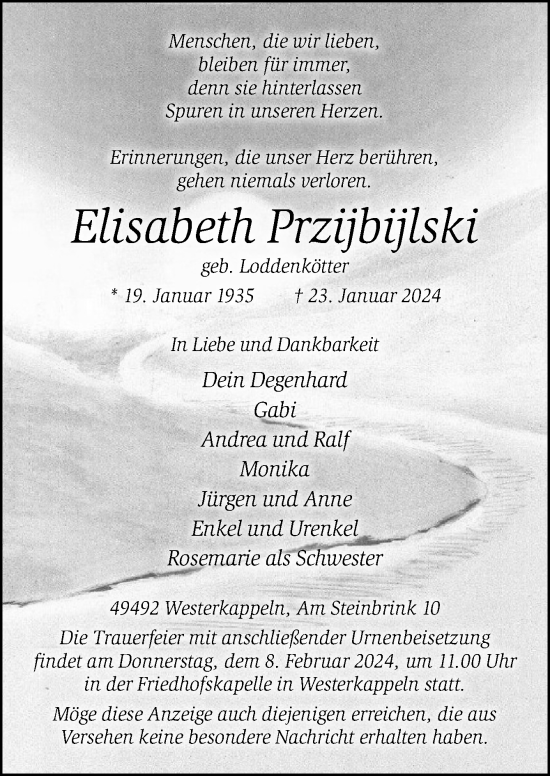 Traueranzeige von Elisabeth Przijbijlski von Neue Osnabrücker Zeitung GmbH & Co. KG