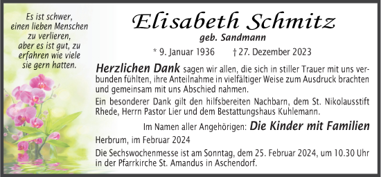 Traueranzeige von Elisabeth Schmitz von Neue Osnabrücker Zeitung GmbH & Co. KG