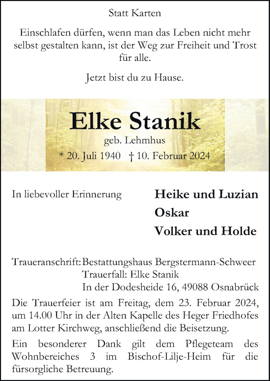 Traueranzeige von Elke Stanik von Neue Osnabrücker Zeitung GmbH & Co. KG
