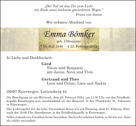 Traueranzeige von Emma Bömker von Neue Osnabrücker Zeitung GmbH & Co. KG