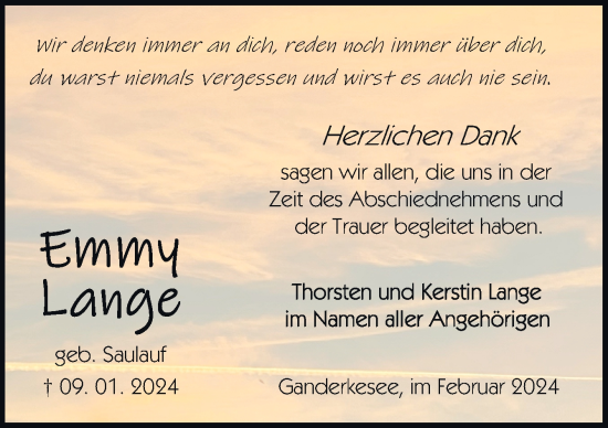 Traueranzeige von Emmy Lange von DK Medien GmbH & Co. KG