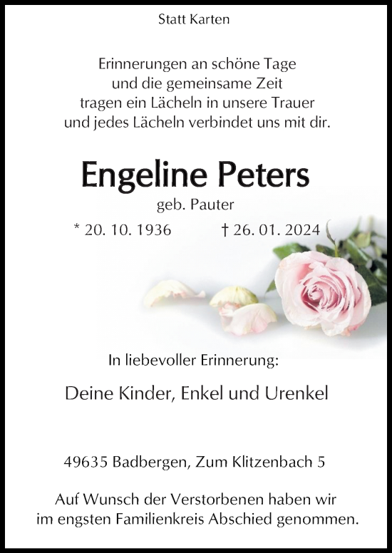 Traueranzeige von Engeline Peters von Neue Osnabrücker Zeitung GmbH & Co. KG