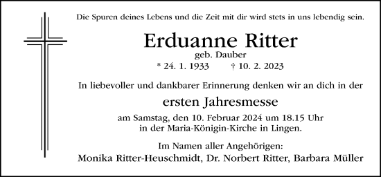 Traueranzeige von Erduanne Ritter von Neue Osnabrücker Zeitung GmbH & Co. KG