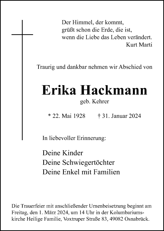 Traueranzeige von Erika Hackmann von Neue Osnabrücker Zeitung GmbH & Co. KG