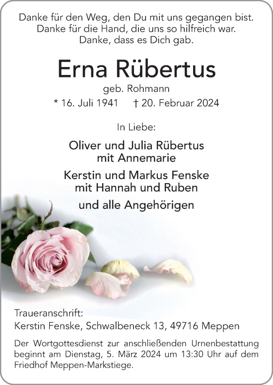 Traueranzeige von Erna Rübertus von Neue Osnabrücker Zeitung GmbH & Co. KG