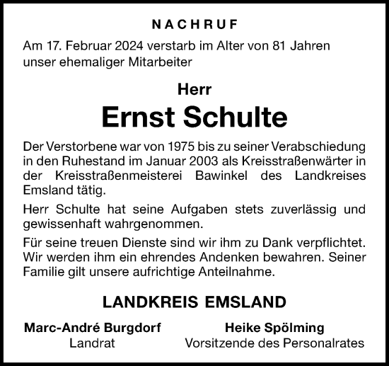 Traueranzeige von Ernst Schulte von Neue Osnabrücker Zeitung GmbH & Co. KG