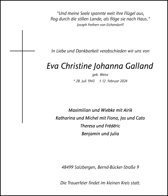 Traueranzeige von Eva Christine Johanna Galland von Neue Osnabrücker Zeitung GmbH & Co. KG