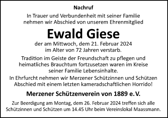 Traueranzeige von Ewald Giese von Neue Osnabrücker Zeitung GmbH & Co. KG