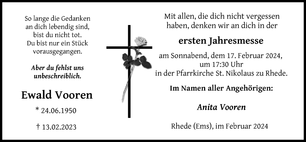  Traueranzeige für Ewald Vooren vom 13.02.2024 aus Neue Osnabrücker Zeitung GmbH & Co. KG