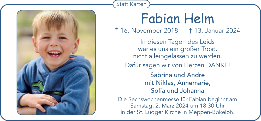  Traueranzeige für Fabian Helm vom 17.02.2024 aus Neue Osnabrücker Zeitung GmbH & Co. KG