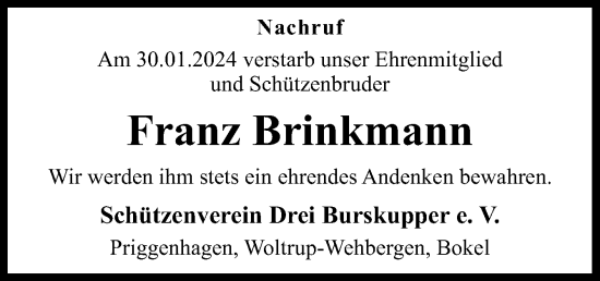 Traueranzeige von Franz Brinkmann von Neue Osnabrücker Zeitung GmbH & Co. KG