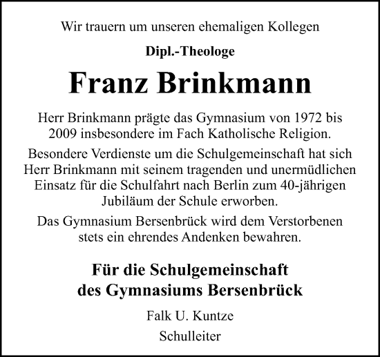 Traueranzeige von Franz Brinkmann von Neue Osnabrücker Zeitung GmbH & Co. KG