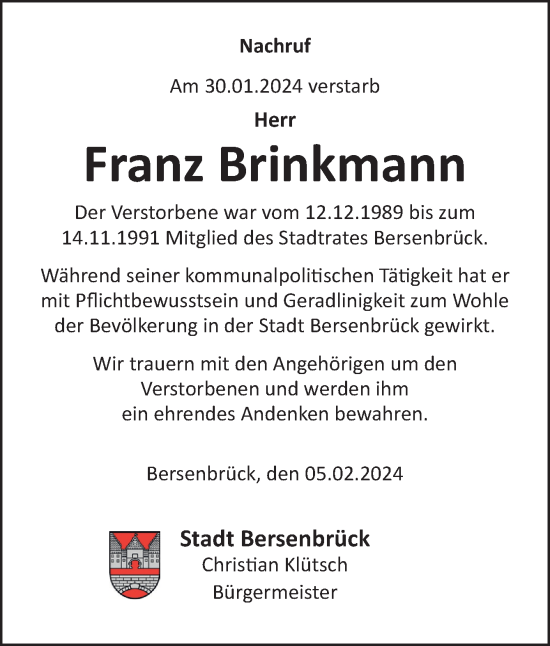 Traueranzeige von Franz Brinkmann von Neue Osnabrücker Zeitung GmbH & Co. KG