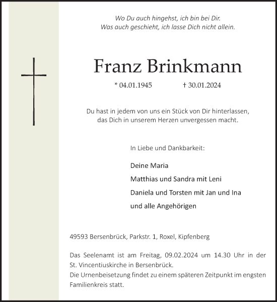 Traueranzeige von Franz Brinkmann von Neue Osnabrücker Zeitung GmbH & Co. KG