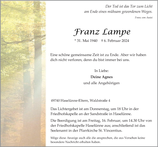 Traueranzeige von Franz Lampe von Neue Osnabrücker Zeitung GmbH & Co. KG