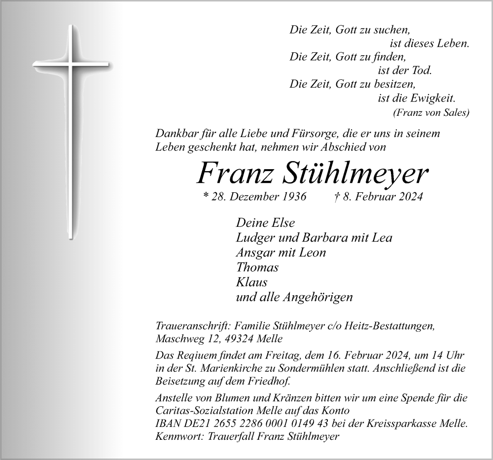  Traueranzeige für Franz Stühlmeyer vom 12.02.2024 aus Neue Osnabrücker Zeitung GmbH & Co. KG