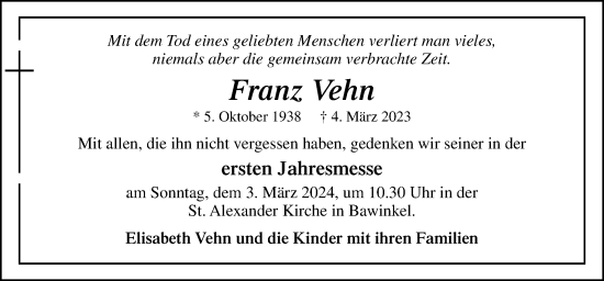 Traueranzeige von Franz Vehn von Neue Osnabrücker Zeitung GmbH & Co. KG