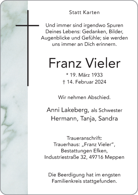 Traueranzeige von Franz Vieler von Neue Osnabrücker Zeitung GmbH & Co. KG