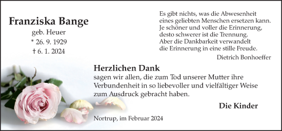 Traueranzeige von Franziska Bange von Neue Osnabrücker Zeitung GmbH & Co. KG