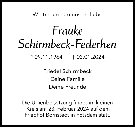 Traueranzeige von Frauke Schirmbeck-Federhen von Neue Osnabrücker Zeitung GmbH & Co. KG