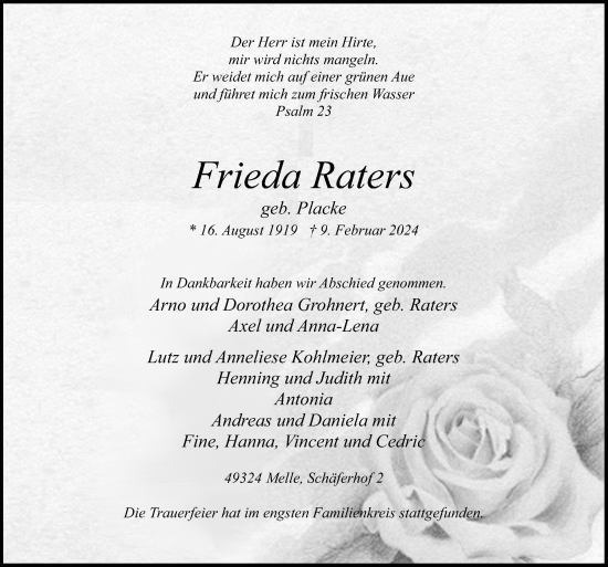 Traueranzeige von Frieda Raters von Neue Osnabrücker Zeitung GmbH & Co. KG