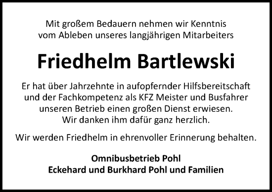 Traueranzeige von Friedhelm Bartlewski von Neue Osnabrücker Zeitung GmbH & Co. KG