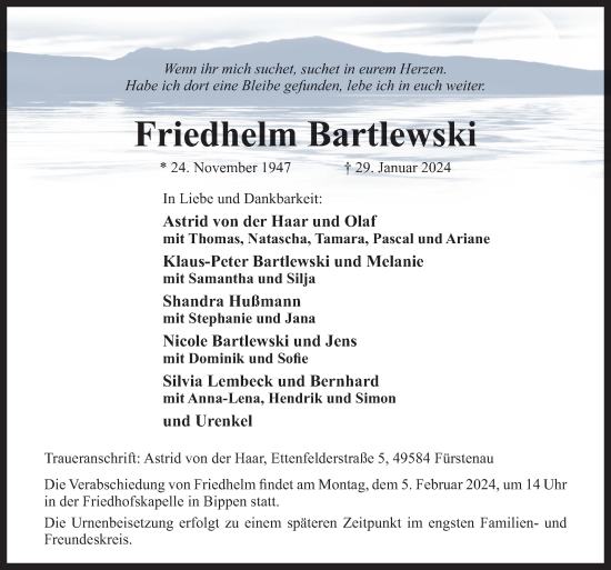 Traueranzeige von Friedhelm Bartlewski von Neue Osnabrücker Zeitung GmbH & Co. KG