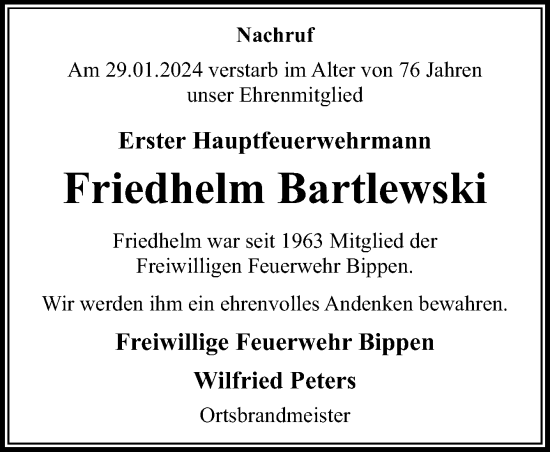 Traueranzeige von Friedhelm Bartlewski von Neue Osnabrücker Zeitung GmbH & Co. KG